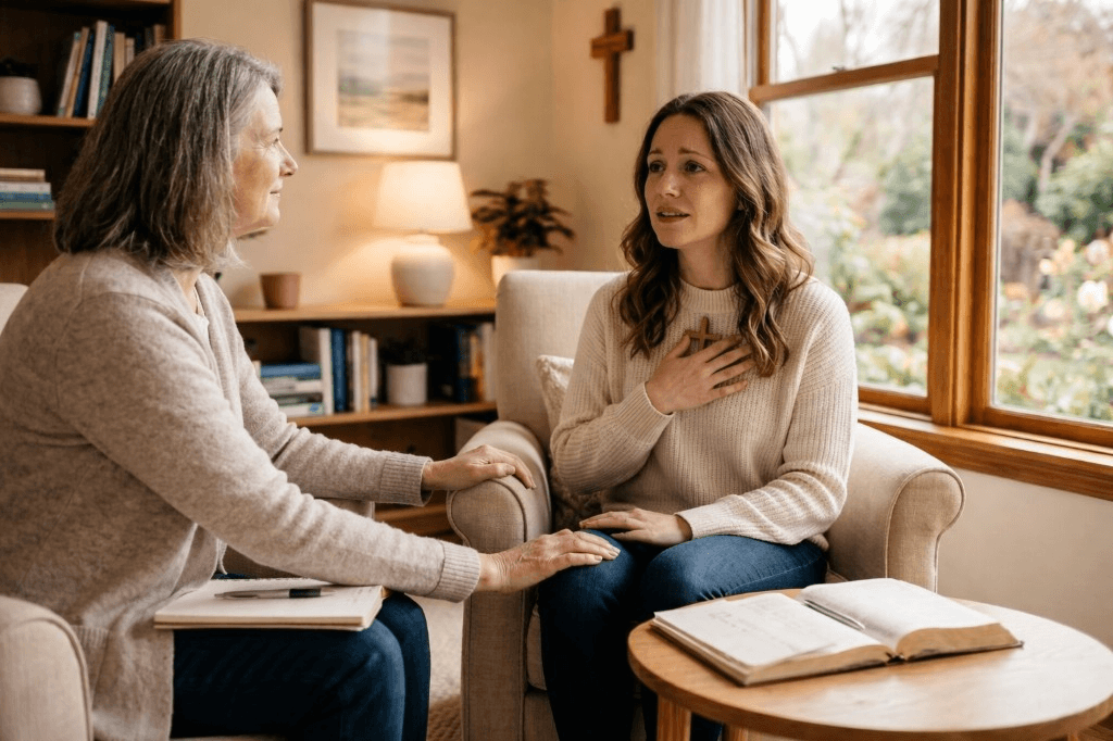 Christian therapist supporting a woman through emotional healing
